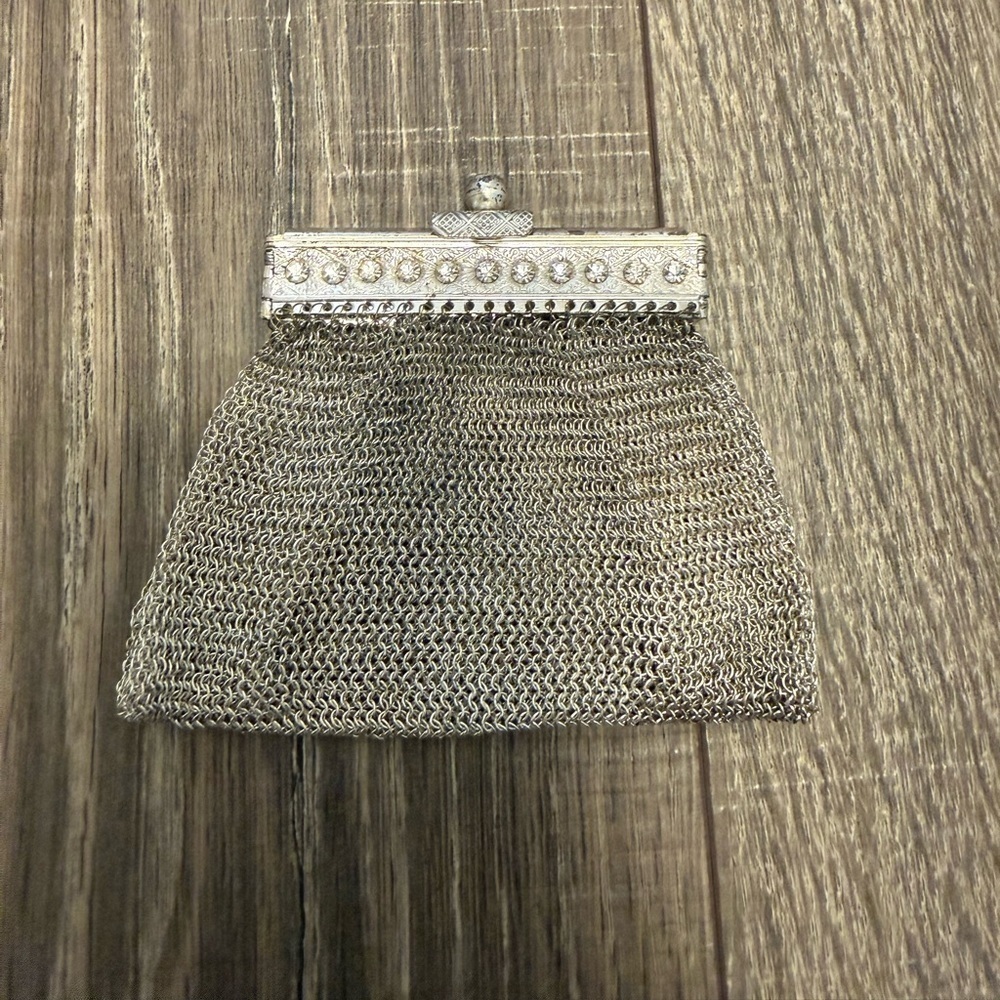 Vintage German Silver Mesh Coin Purse With Rhinestone Detail Small Size